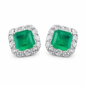 Stunning Lab Emerald Gemstone White Sapphire Pave Sterling Silver Stud Earrings